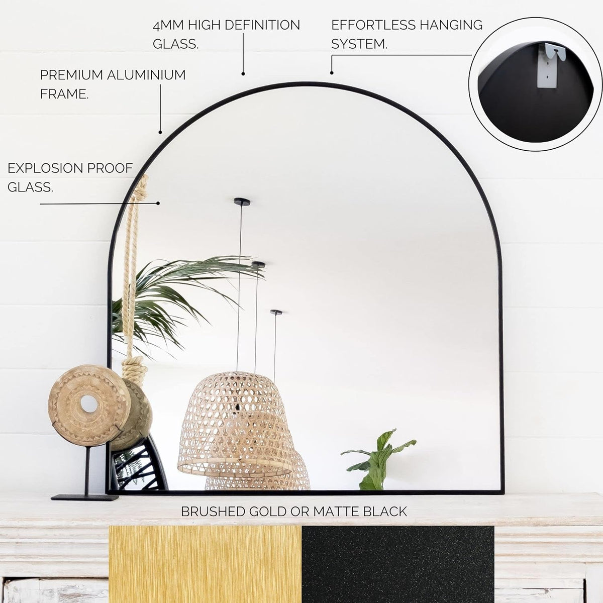 Black Arched Mirror 33x31 In Wall Mount Entryway Decor