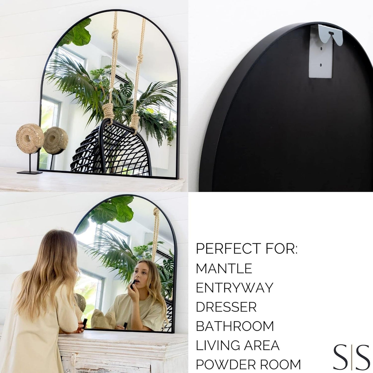 Black Arched Mirror 33x31 In Wall Mount Entryway Decor