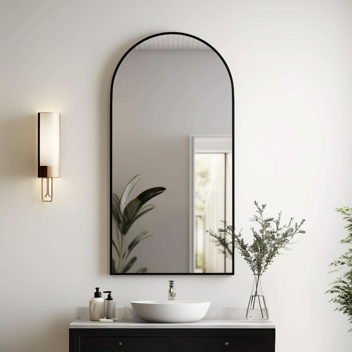 Black Arched Wall Mirror 42x24 Inches With Iron Frame