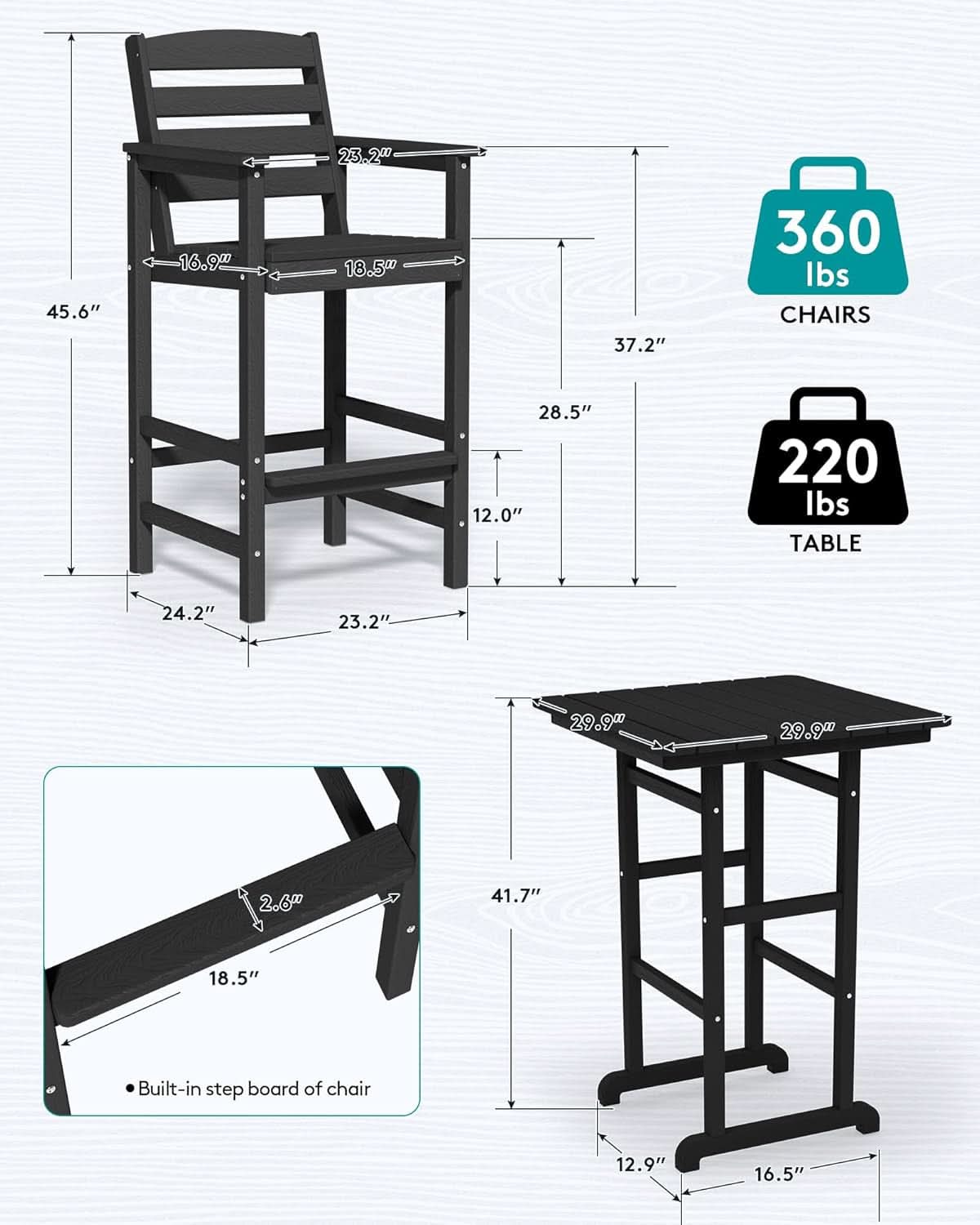 Black Balcony Adirondack Bar Chair Set With Table 3 Piece