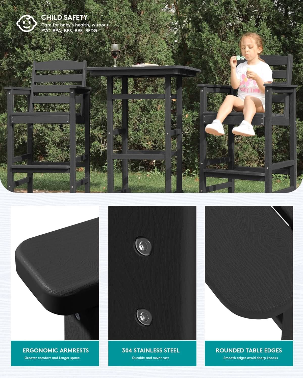 Black Balcony Adirondack Bar Chair Set With Table 3 Piece