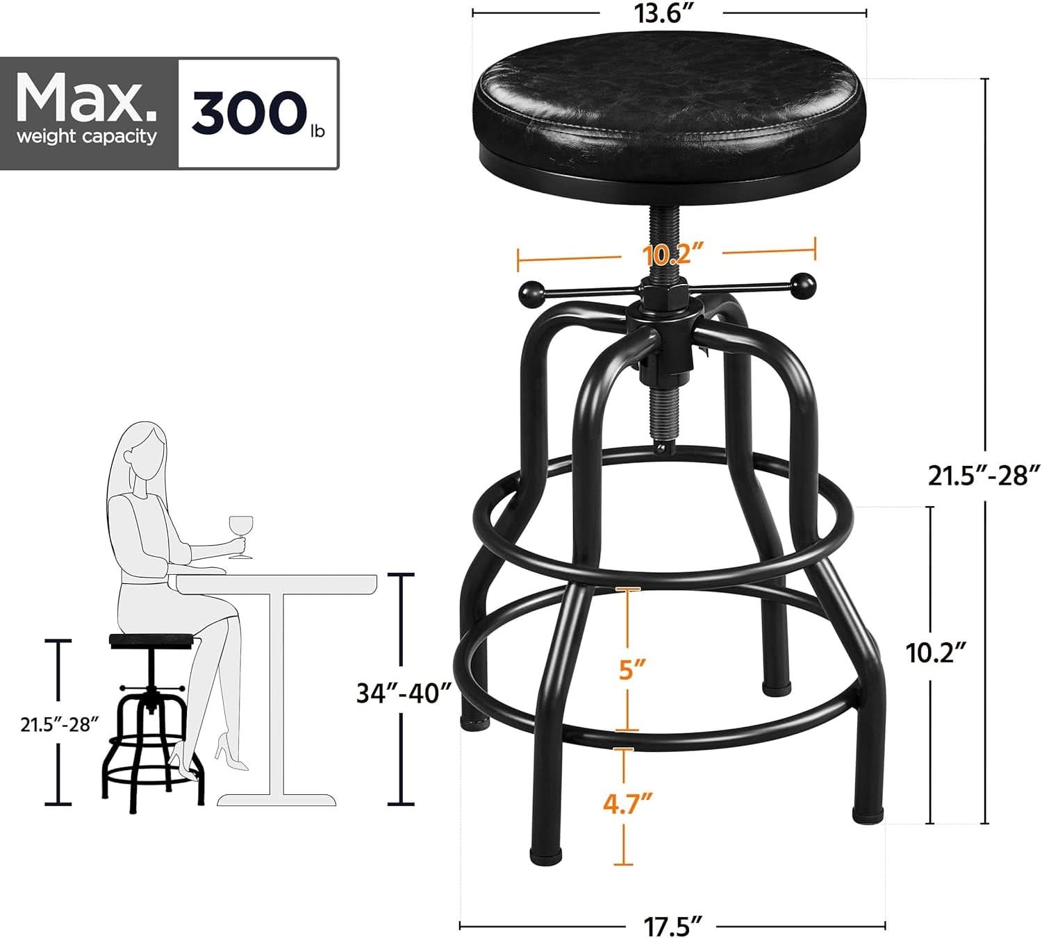 Black Bar Stool 21 To 28 Inch Industrial Kitchen Stool