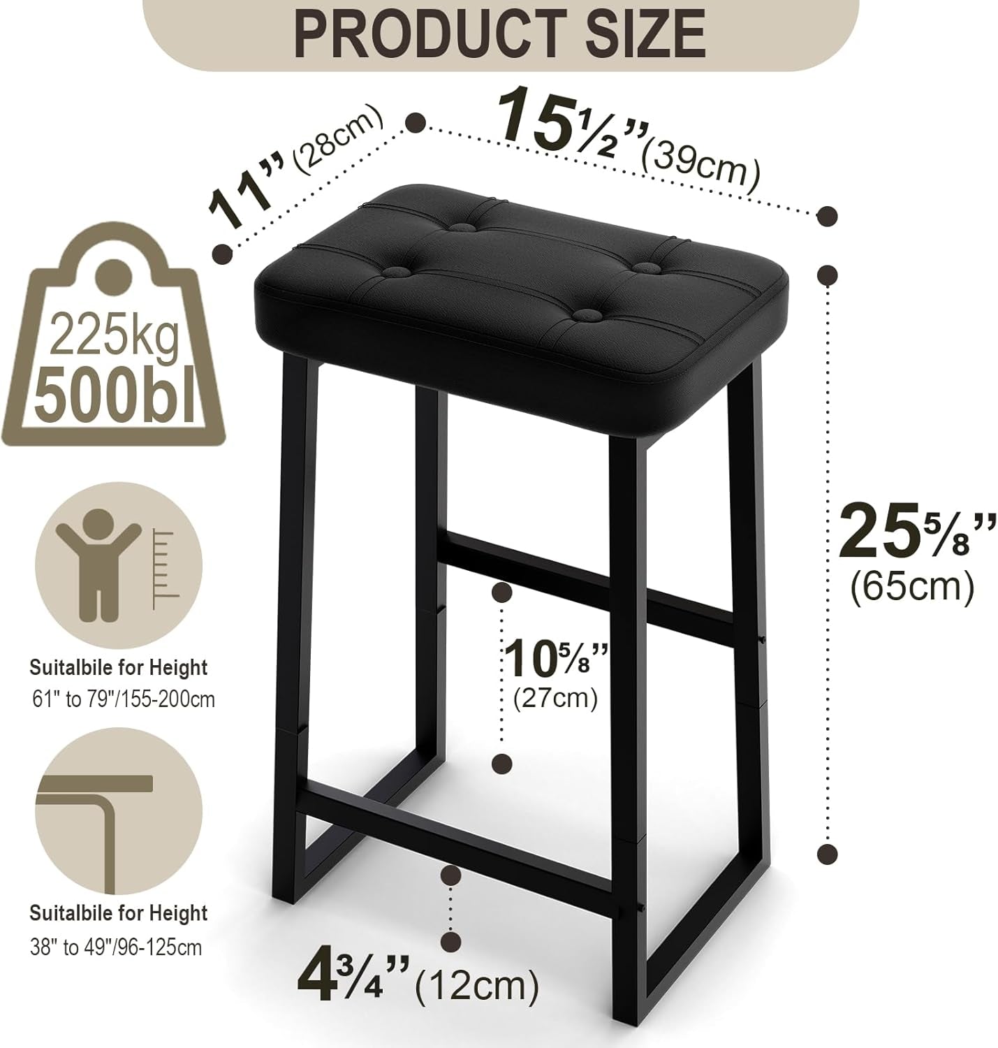 Black Bar Stool 26 Inch Counter Height Modern Kitchen Island Chair
