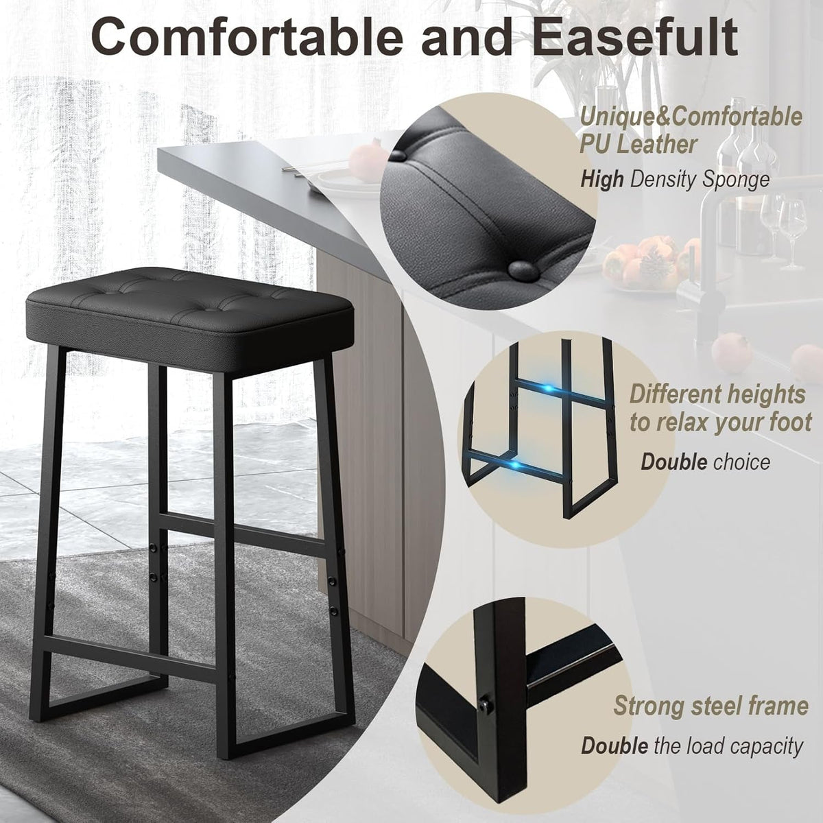 Black Bar Stool 26 Inch Counter Height Modern Kitchen Island Chair