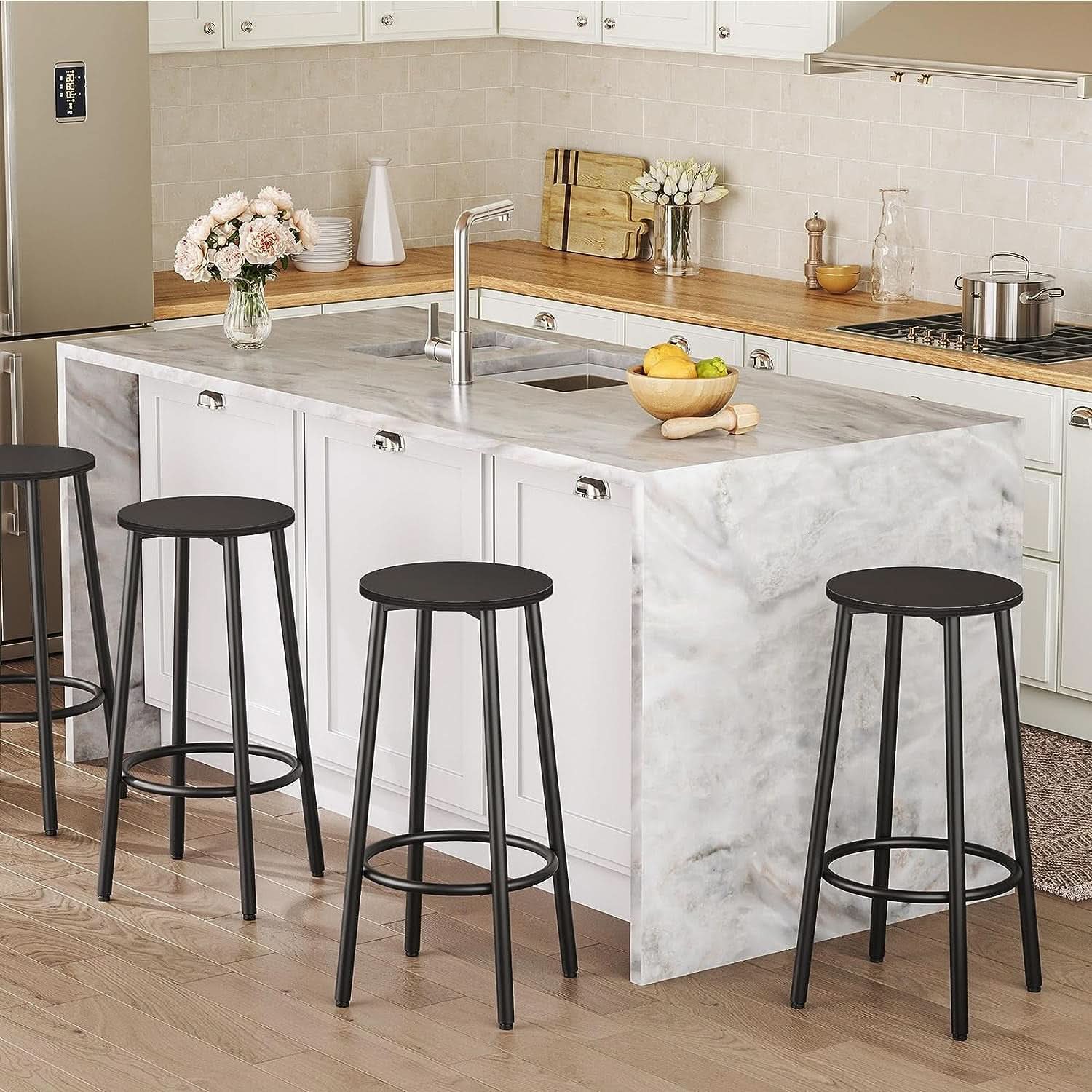 Black Bar Stool Set of 2 Counter Height With Footrest