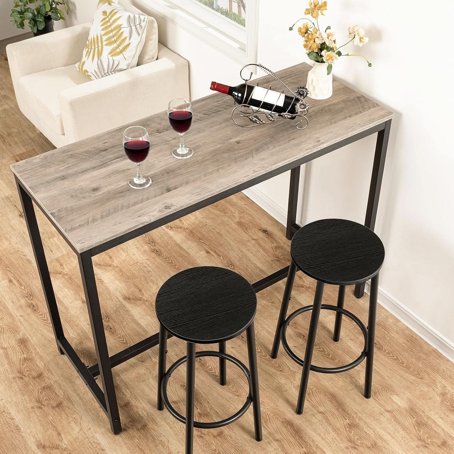 Black Bar Stool Set of 2 Counter Height With Footrest