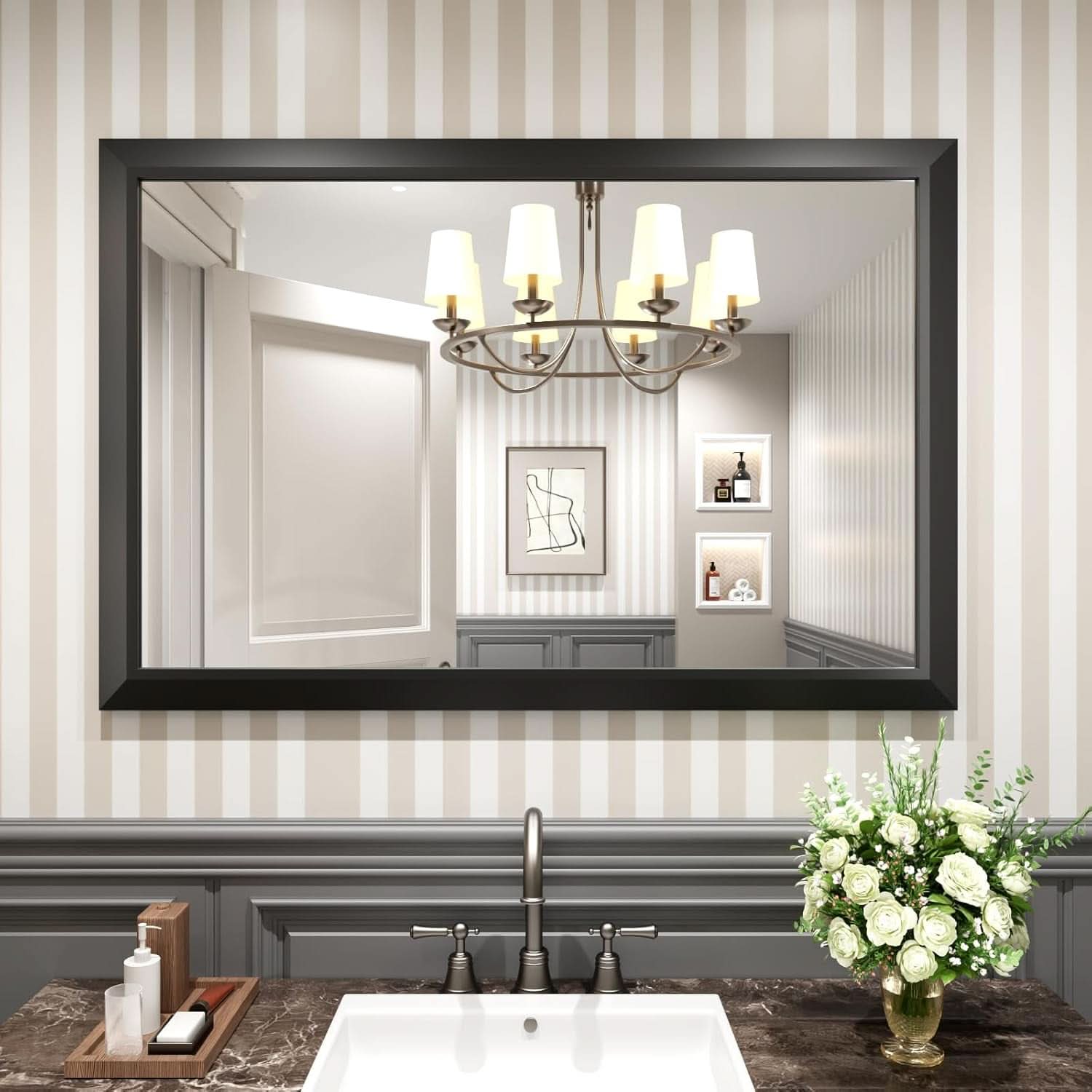 Black Bathroom Mirror 48x32 Wall Mounted Large Vanity