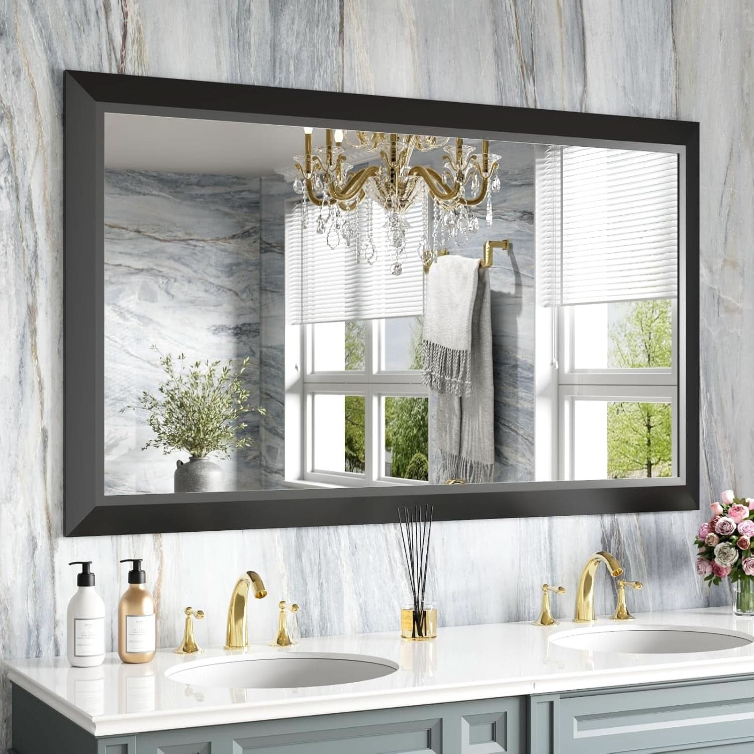 Black Bathroom Mirror 50x30 Inch Over Two Sinks Wall Mount