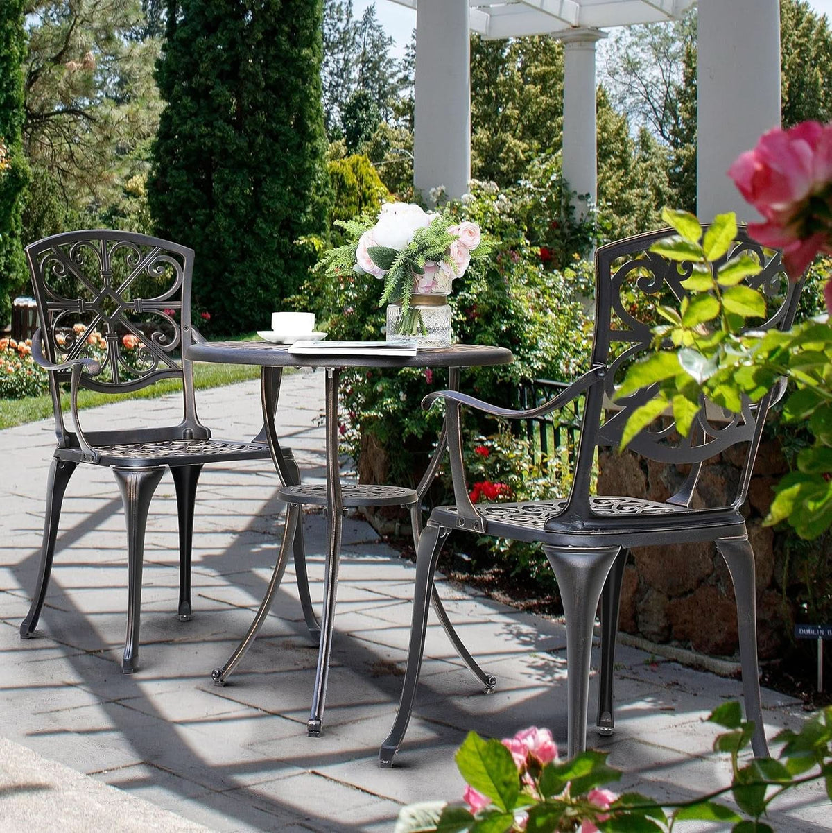 Black Bistro Set Umbrella Hole Cast Aluminum Outdoor Patio