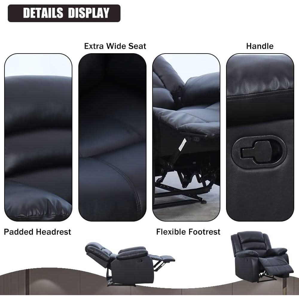 Black Bonded Leather Recliner With Overstuffed Arm And Back