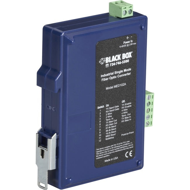 Black Box Industrial DIN Rail RS-232/RS-422/RS-485 Fiber Driver, Single-Mode MED102A