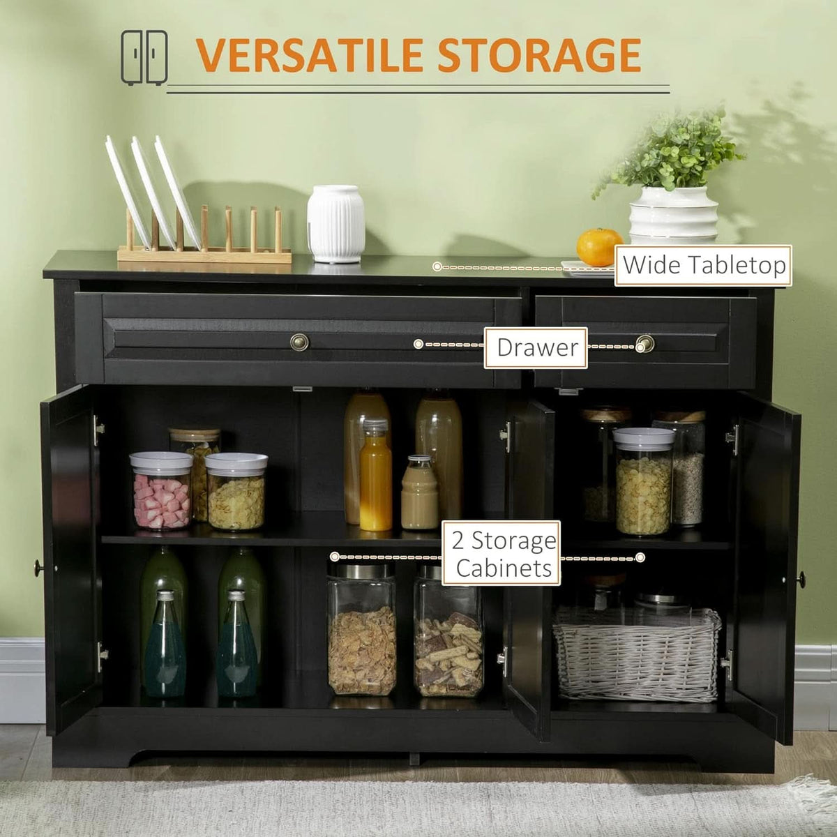 Black Buffet Cabinet With Drawers And Adjustable Shelves