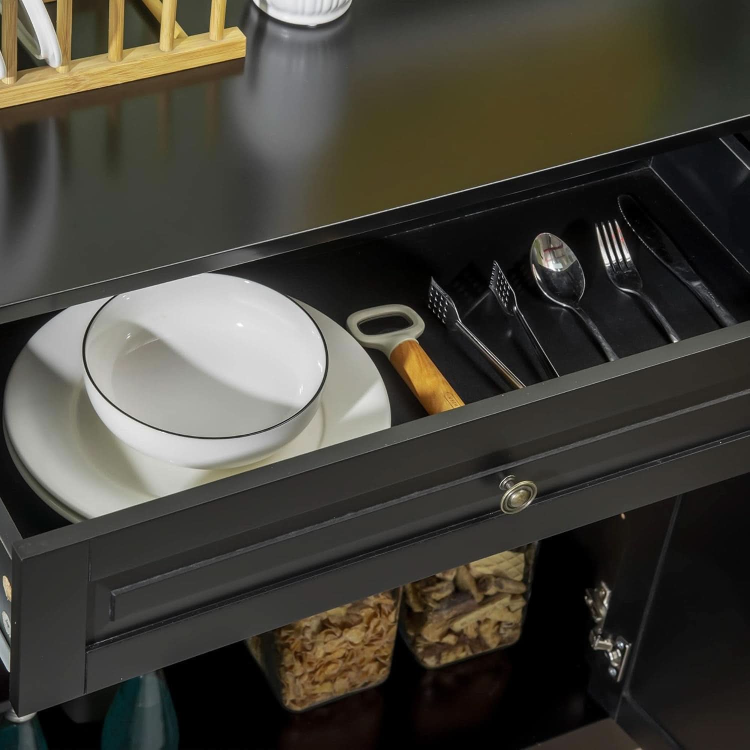 Black Buffet Cabinet With Drawers And Adjustable Shelves