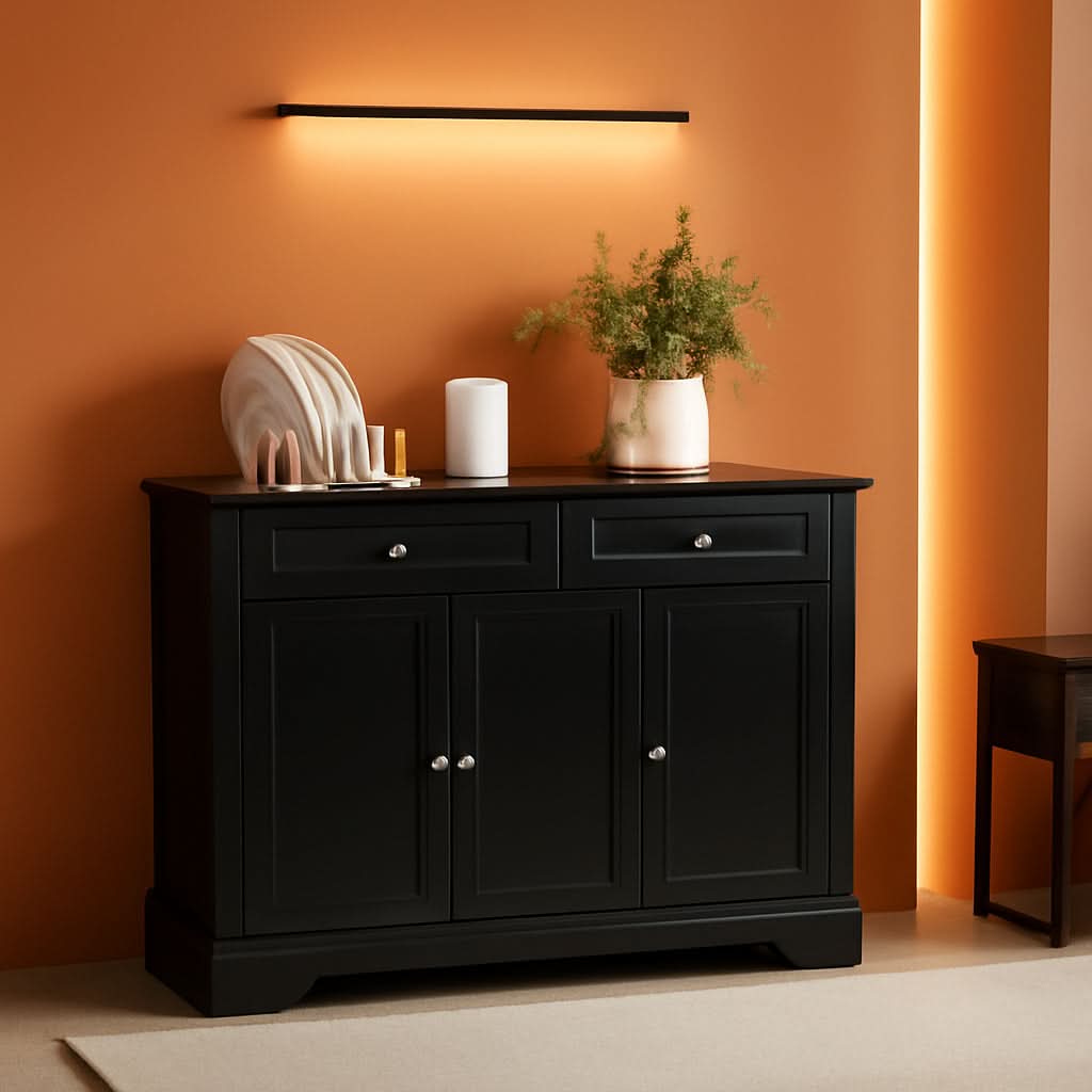 Black Buffet Cabinet With Drawers And Adjustable Shelves