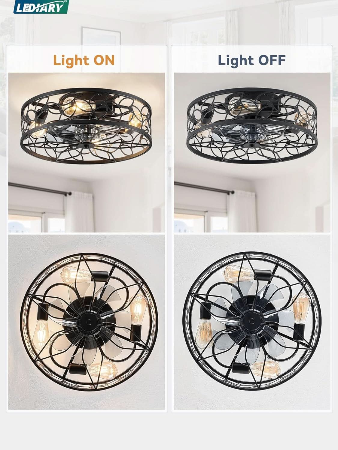 Black Caged Ceiling Fan With Lights Low Profile Flush Mount Remote