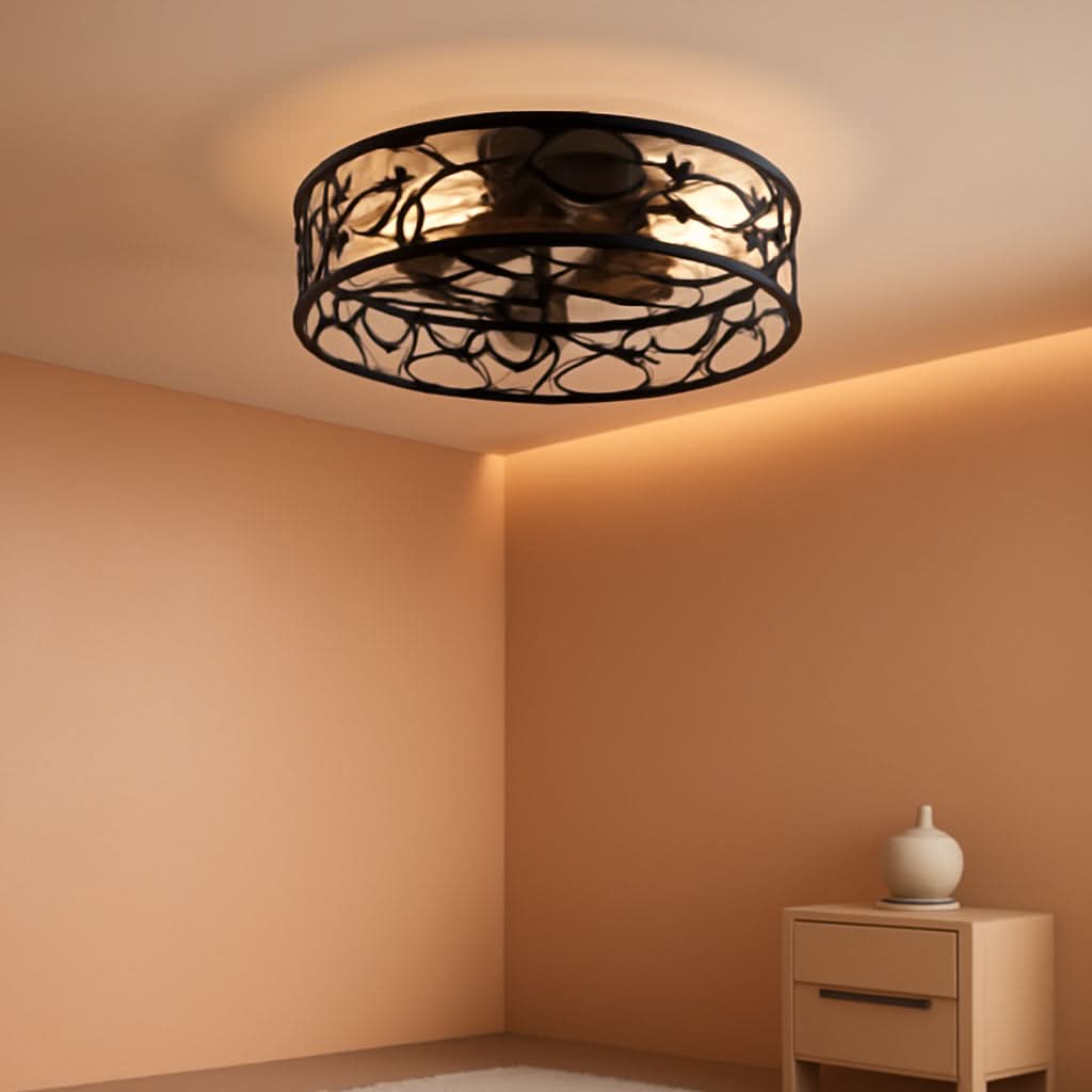 Black Caged Ceiling Fan With Lights Low Profile Flush Mount Remote