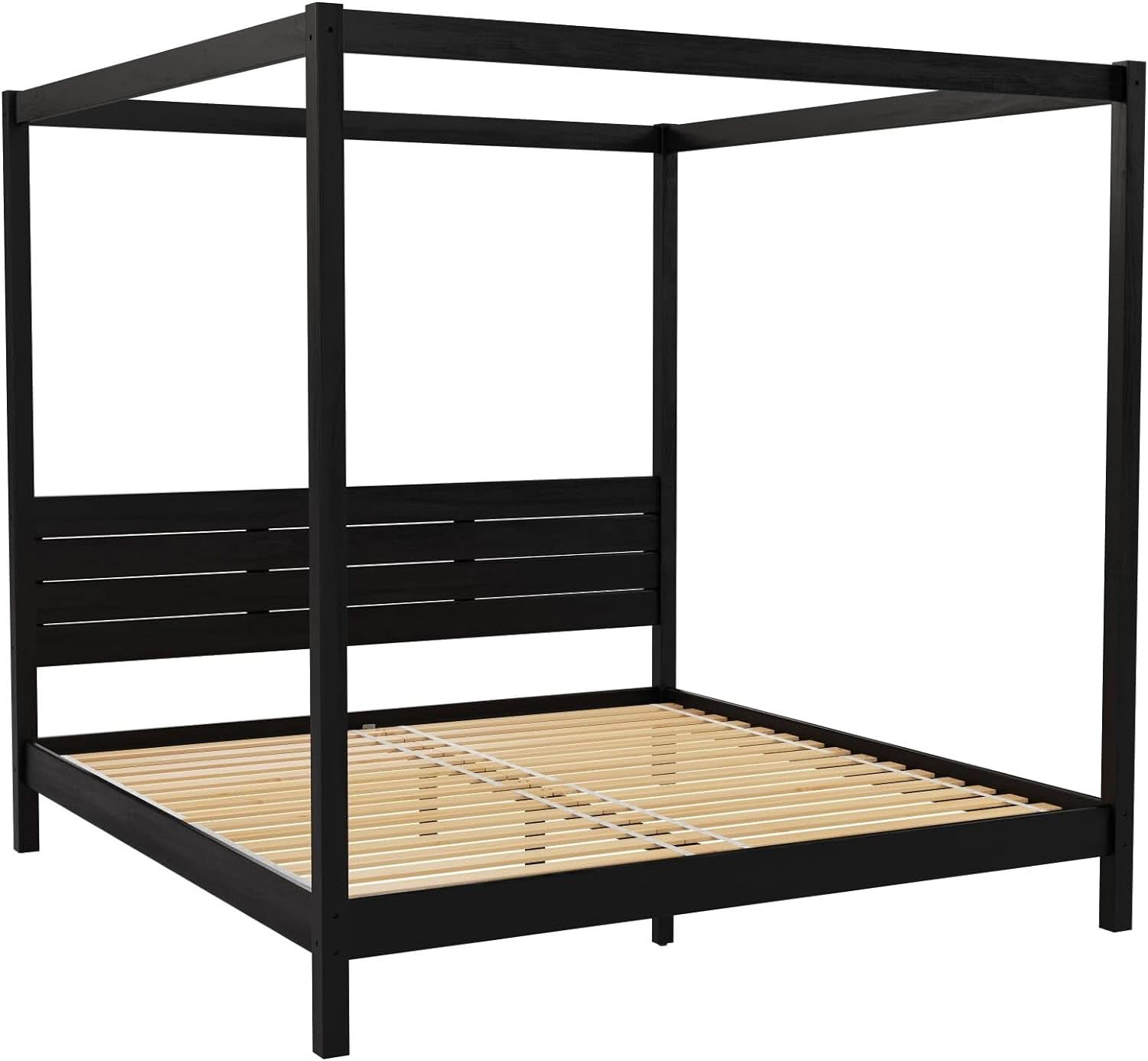 Black Canopy Bed Frame With Slatted Headboard King