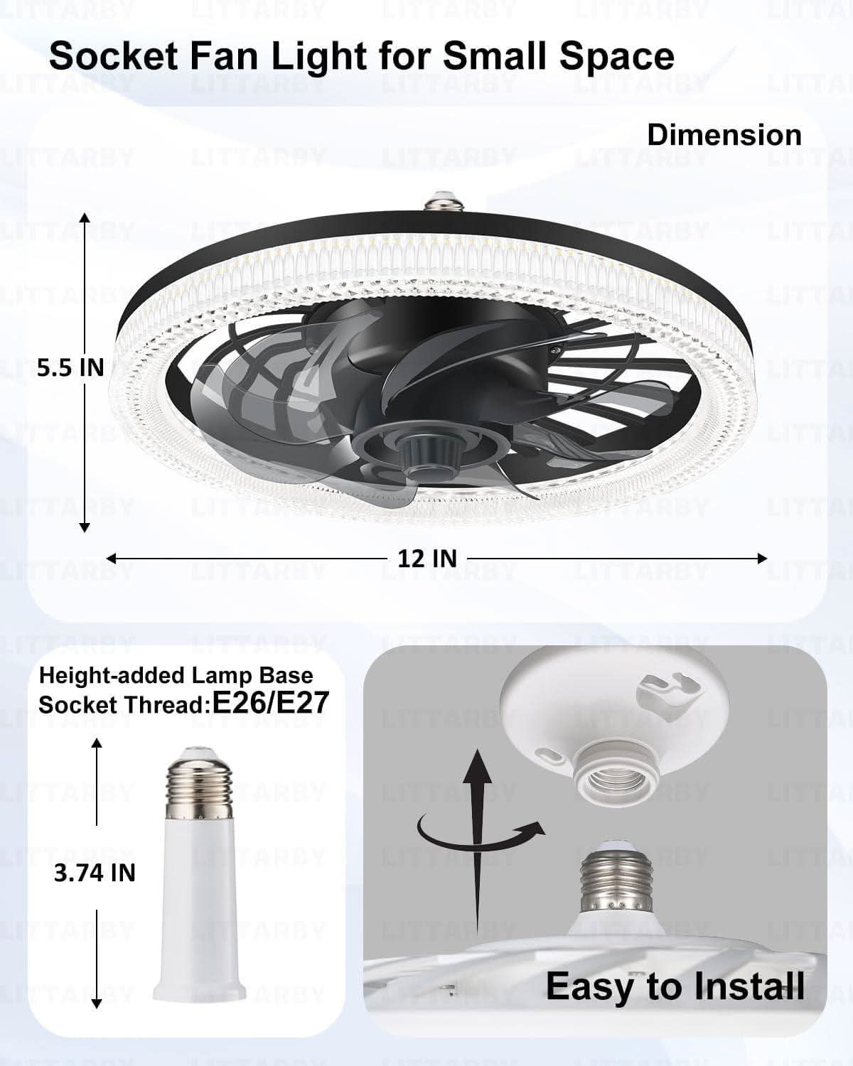 Black Ceiling Fan With Lights Remote Dimmable 3000K to 6500K Flush Mount