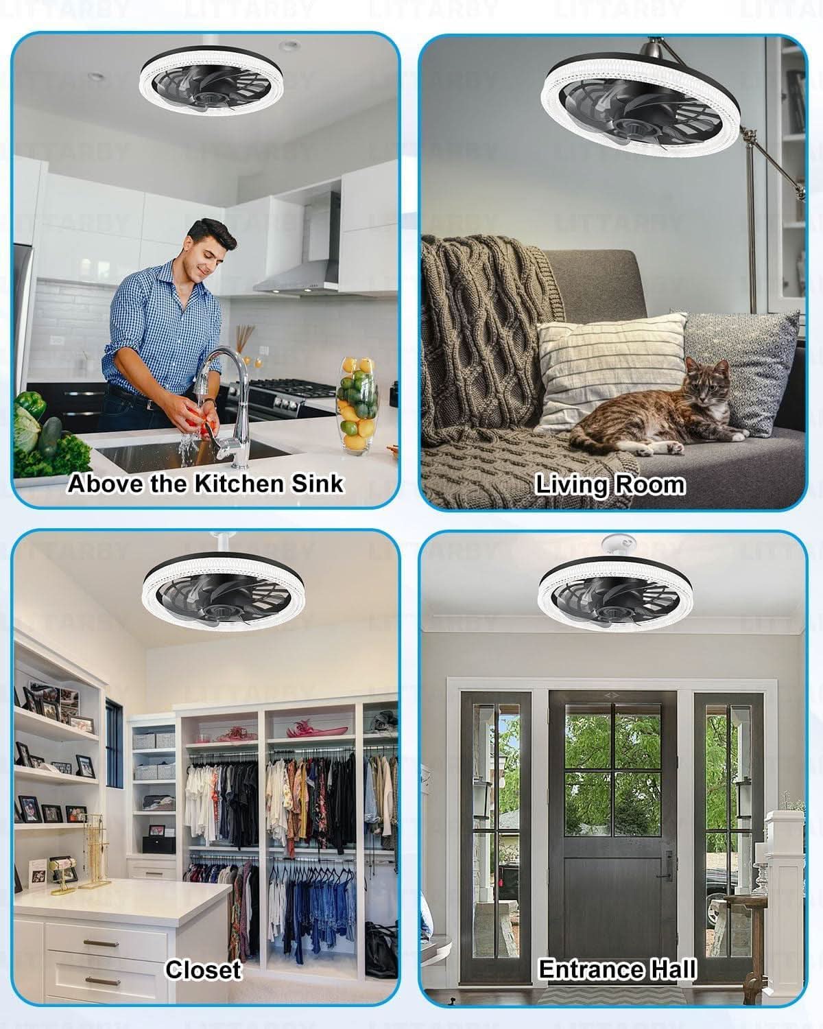 Black Ceiling Fan With Lights Remote Dimmable 3000K to 6500K Flush Mount