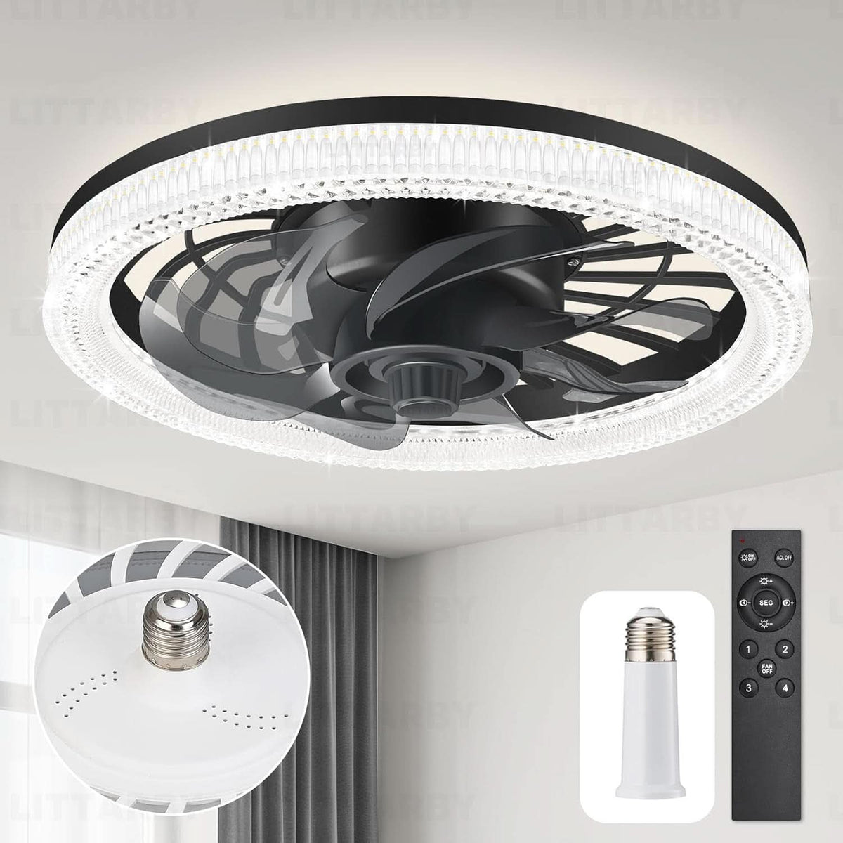 Black Ceiling Fan With Lights Remote Dimmable 3000K to 6500K Flush Mount