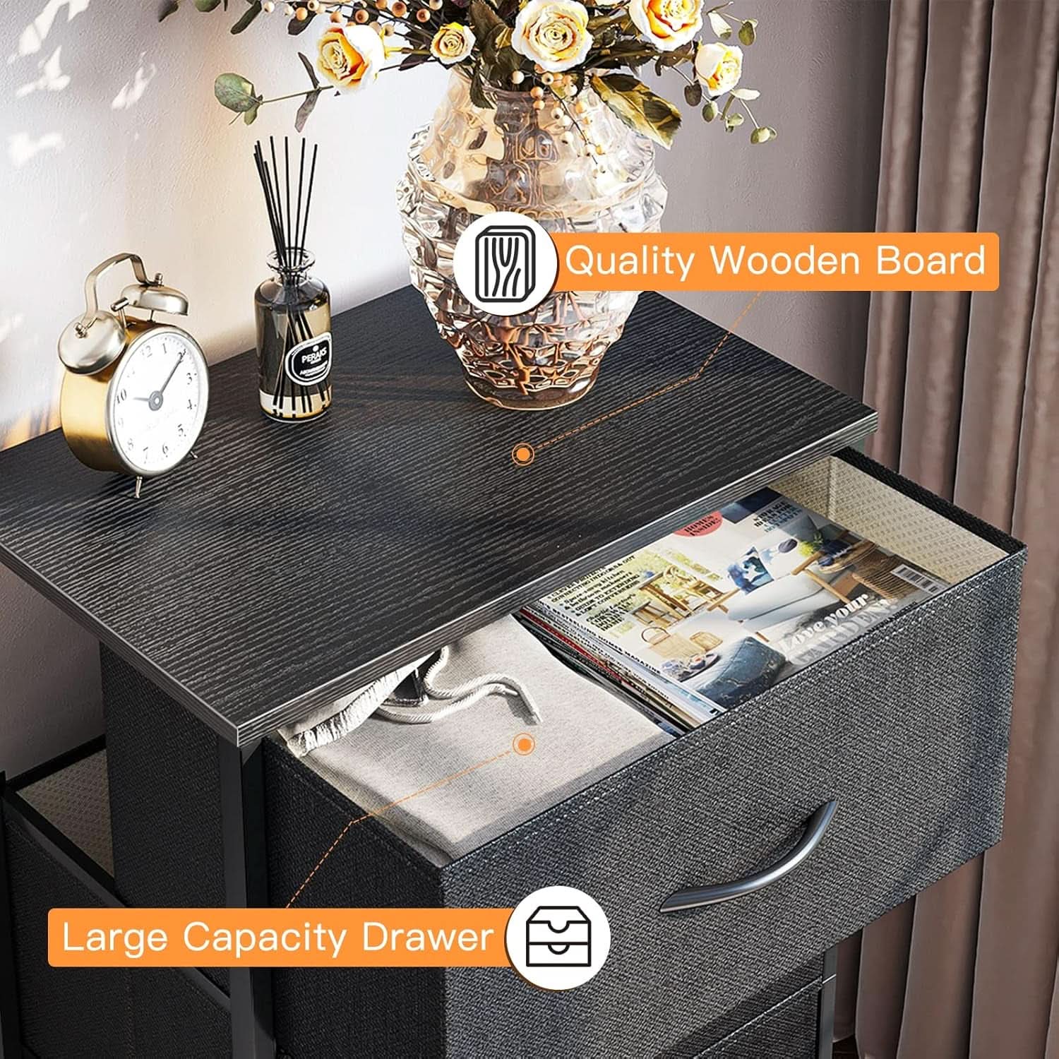 Black Compact Dresser Featuring SteelFrame And WoodenTop