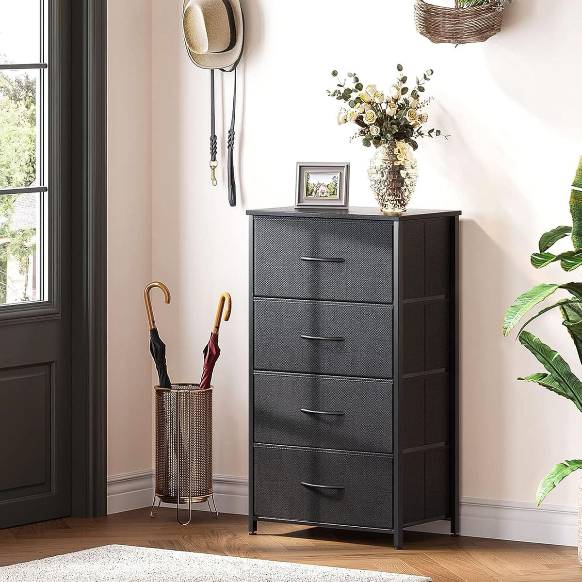 Black Compact Dresser Featuring SteelFrame And WoodenTop