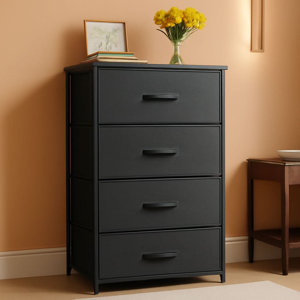 Black Compact Dresser Featuring SteelFrame And WoodenTop