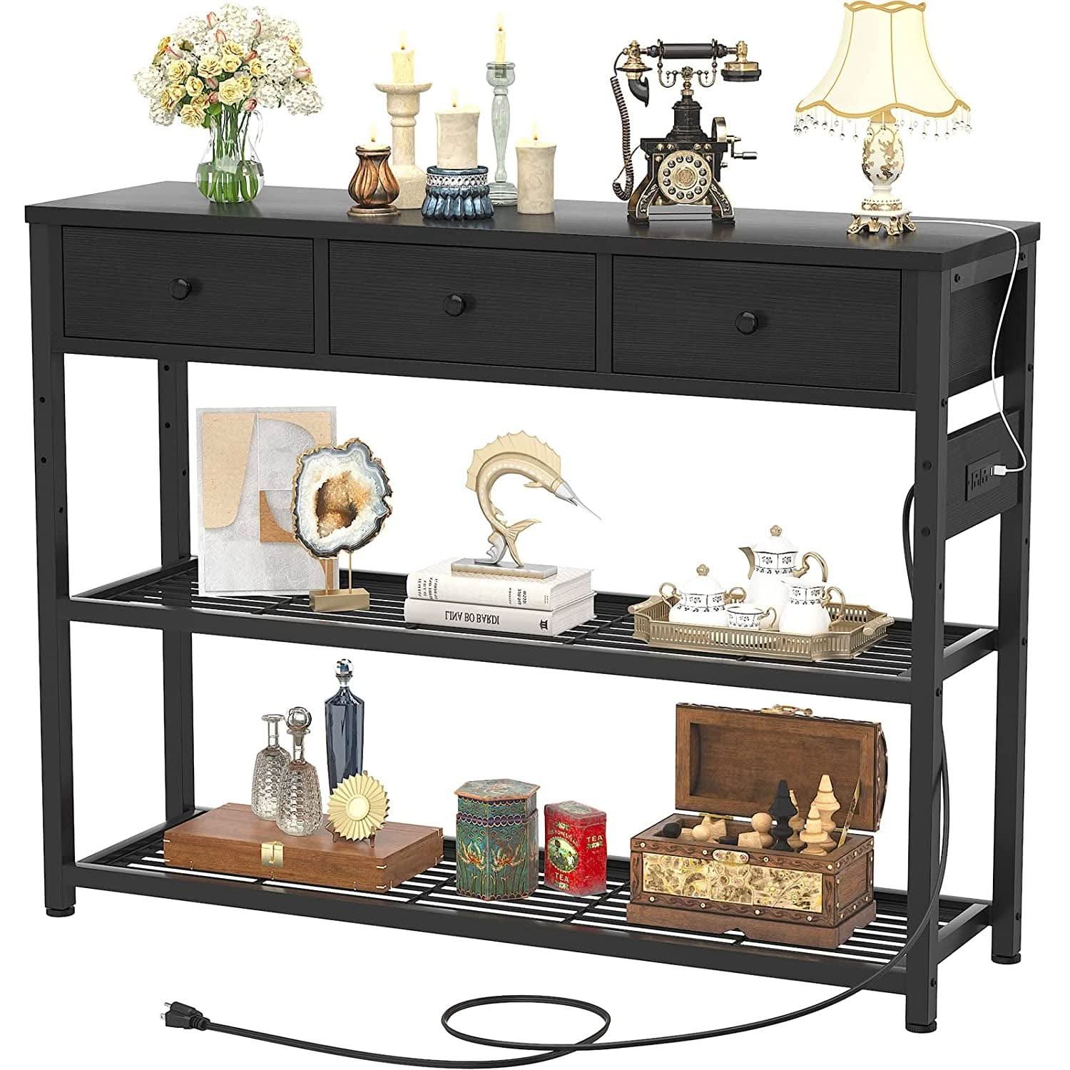 Black Console Table With USB Ports And Outlets For Living Room