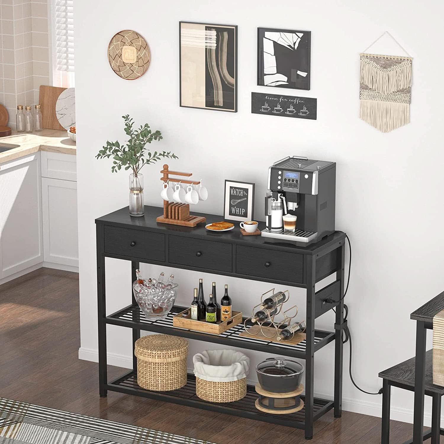 Black Console Table With USB Ports And Outlets For Living Room