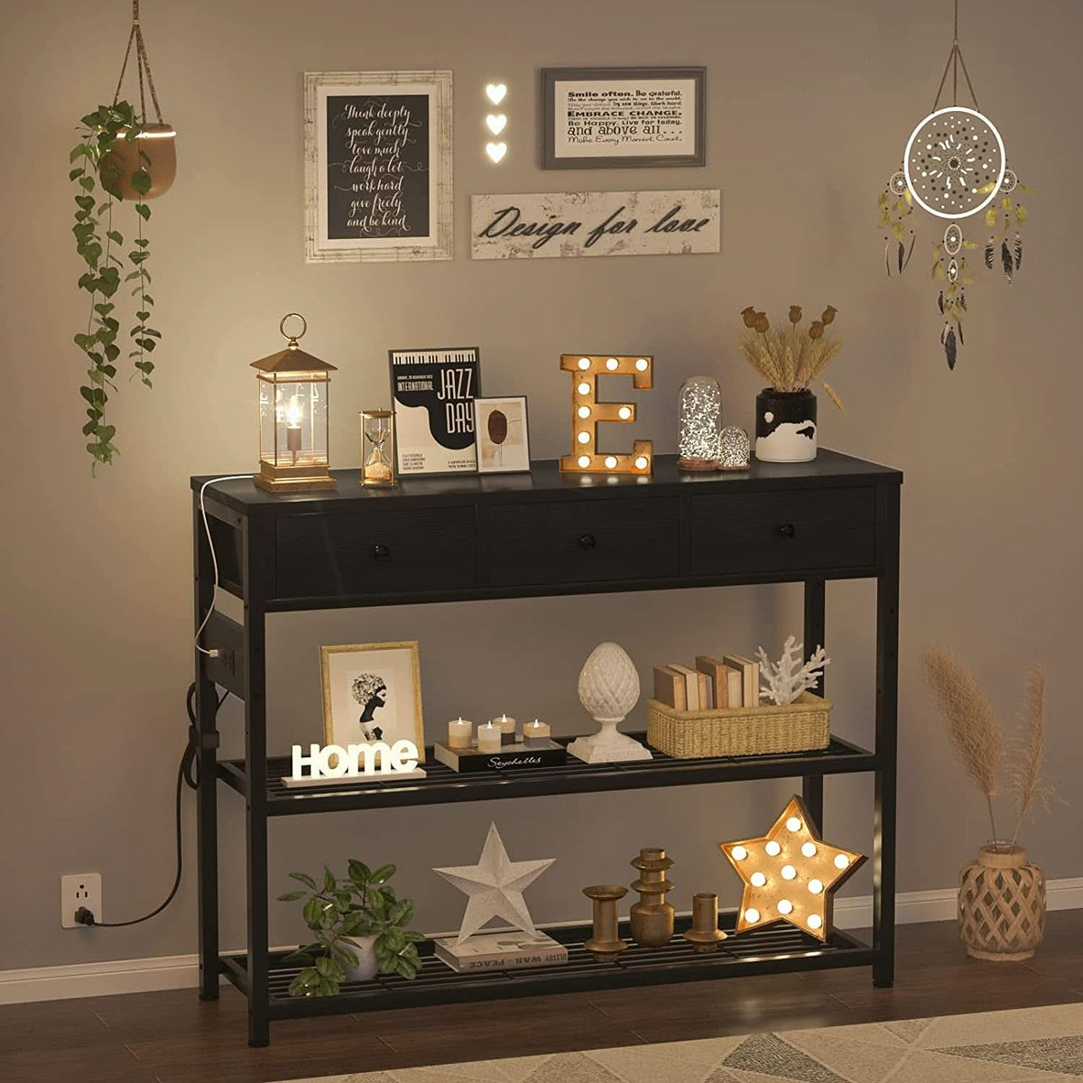 Black Console Table With USB Ports And Outlets For Living Room