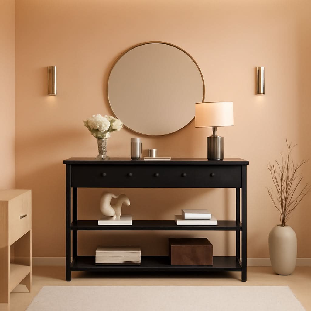 Black Console Table With USB Ports And Outlets For Living Room
