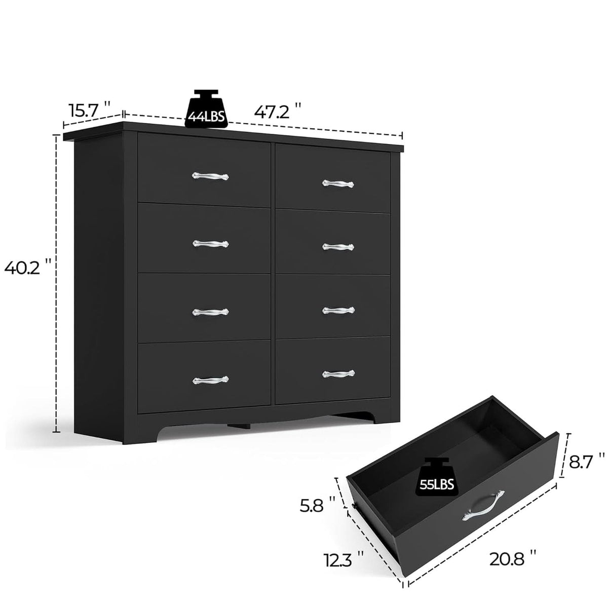 Black Contemporary Dresser With Large Deep Drawers