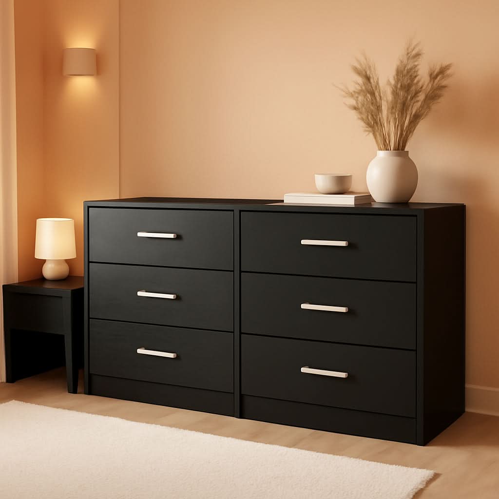 Black Contemporary Six Drawer Dresser Ball Bearing Slides