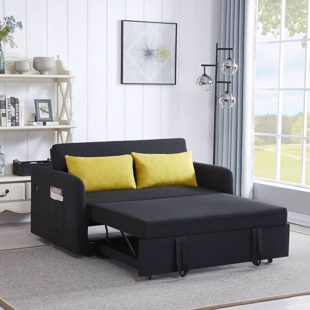 Black Convertible Loveseat With Pull Out Bed For Small Spaces