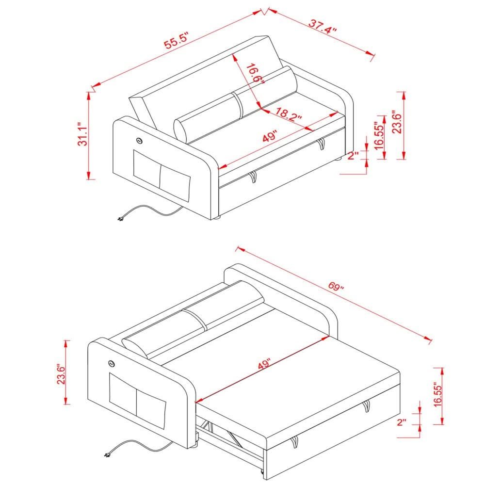 Black Convertible Loveseat With Pull Out Bed For Small Spaces