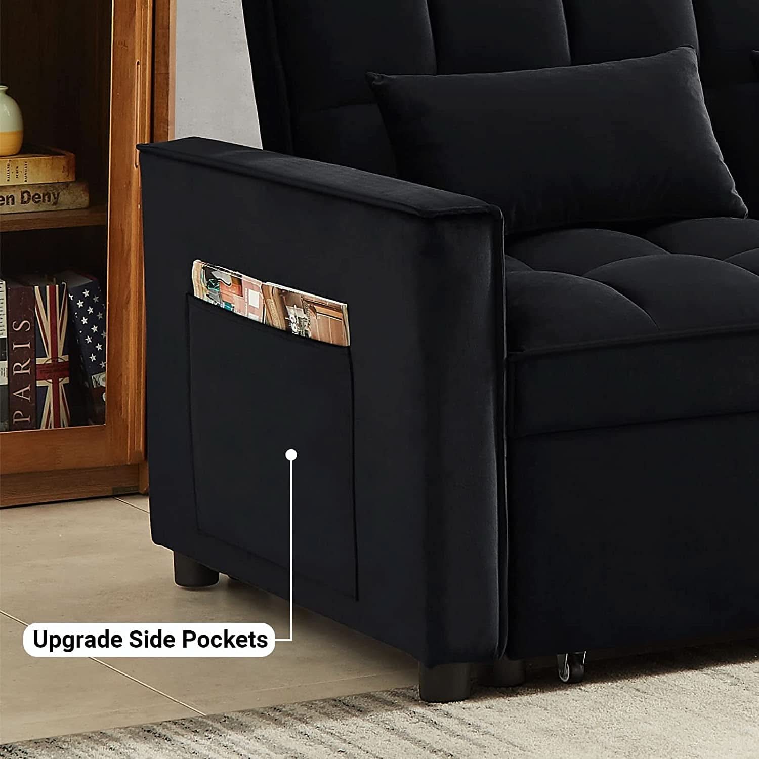Black Convertible Sofa Bed With Reclining Backrest