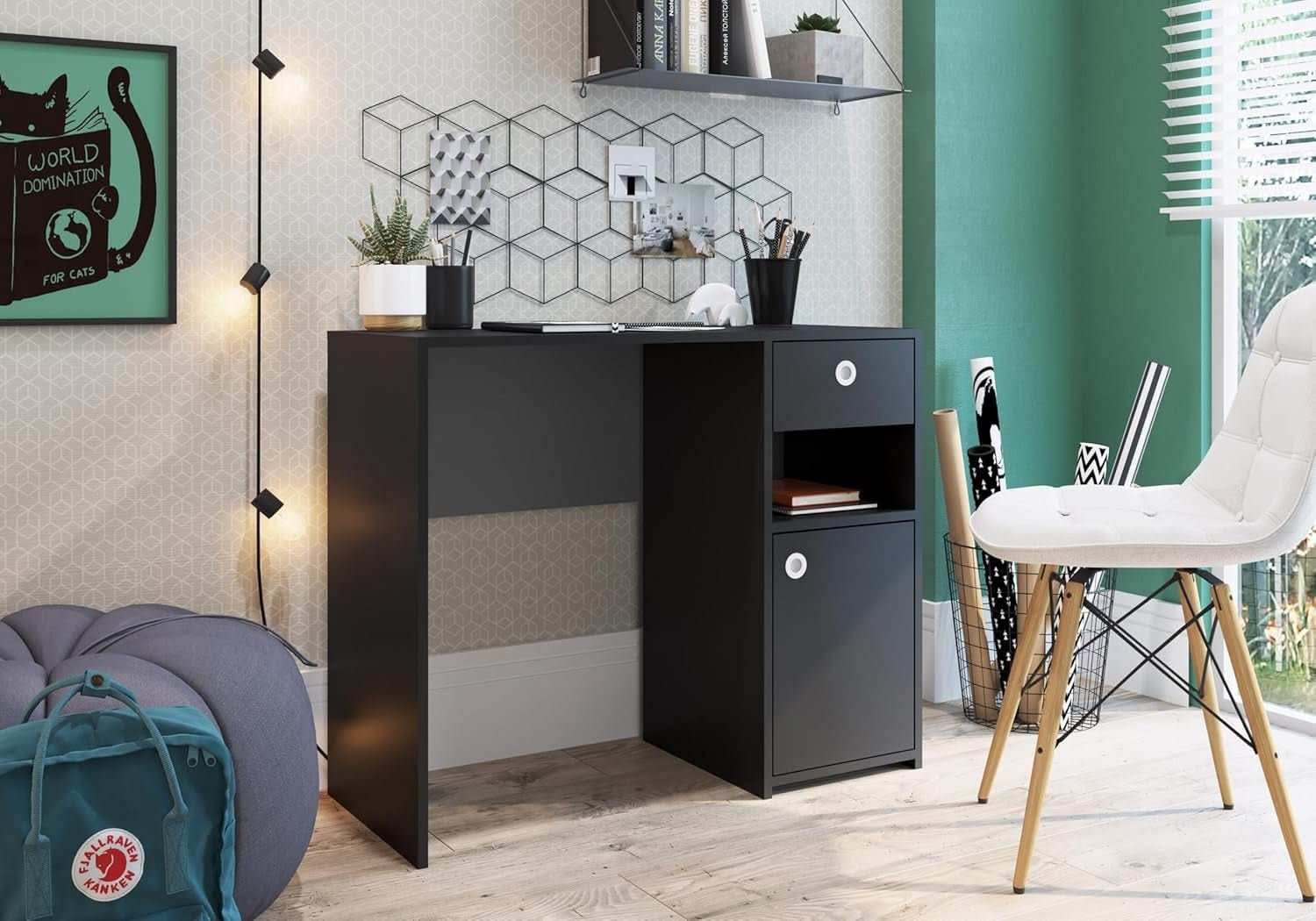 Black Desk With Drawer And Cabinet For Compact Home Office