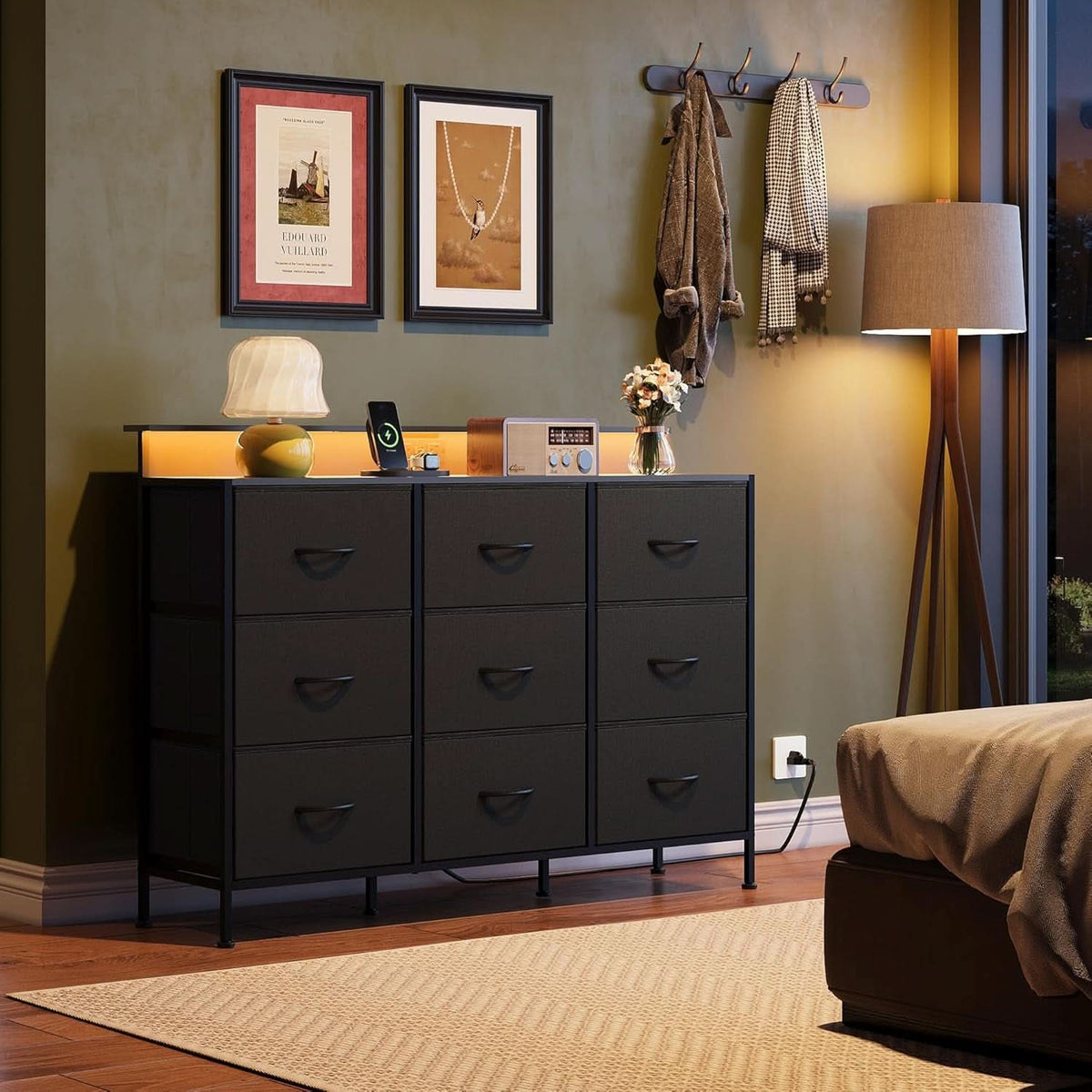 Black Dresser TV Stand 55 Inch With LED Lights And Charging Station