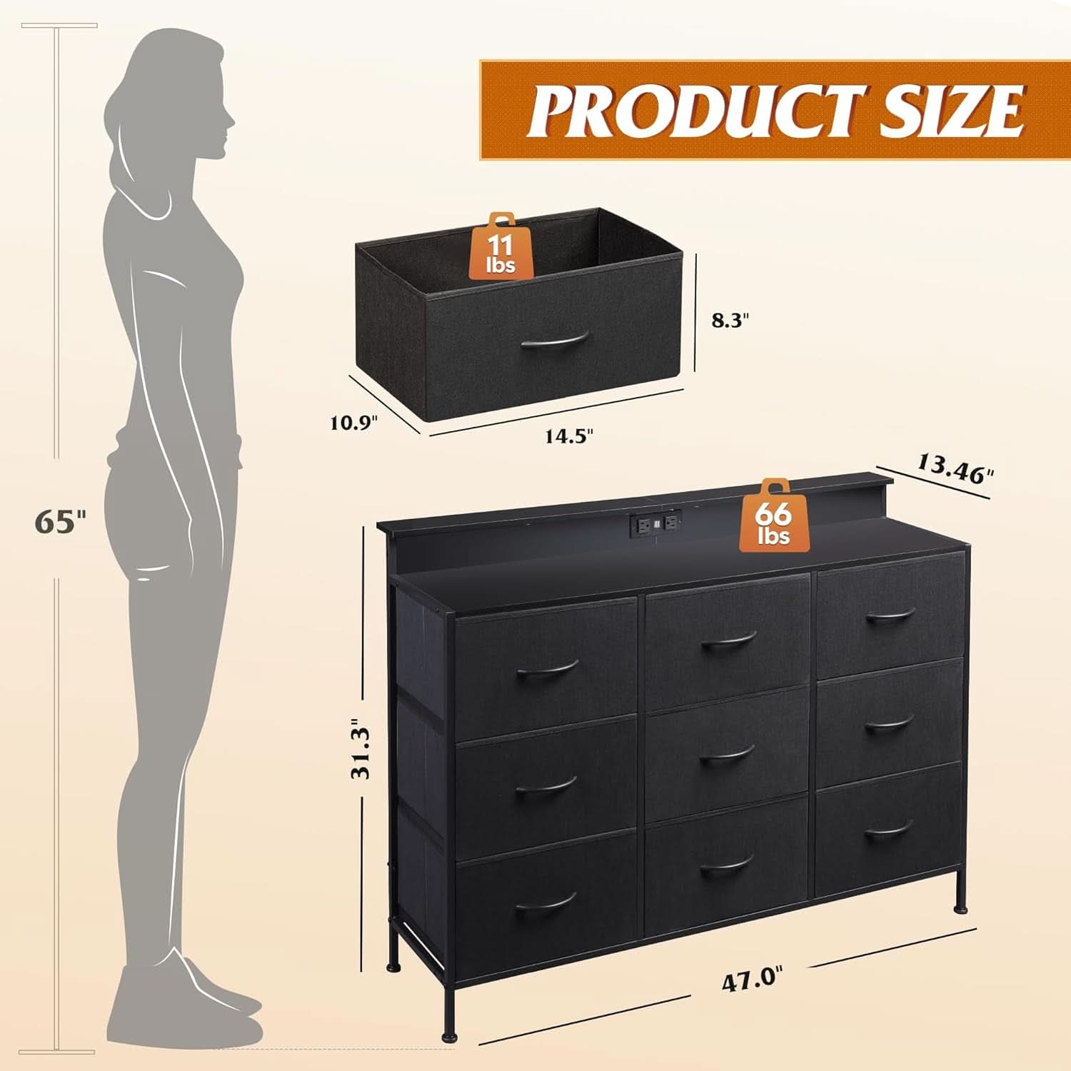 Black Dresser TV Stand 55 Inch With LED Lights And Charging Station
