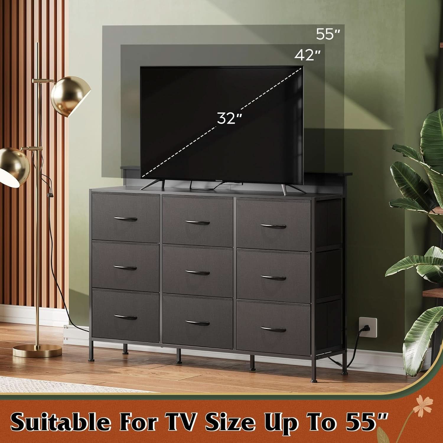 Black Dresser TV Stand 55 Inch With LED Lights And Charging Station
