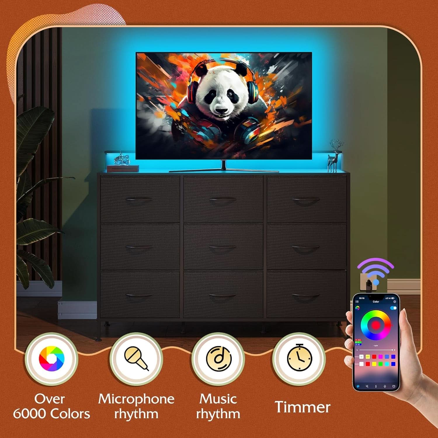 Black Dresser TV Stand 55 Inch With LED Lights And Charging Station