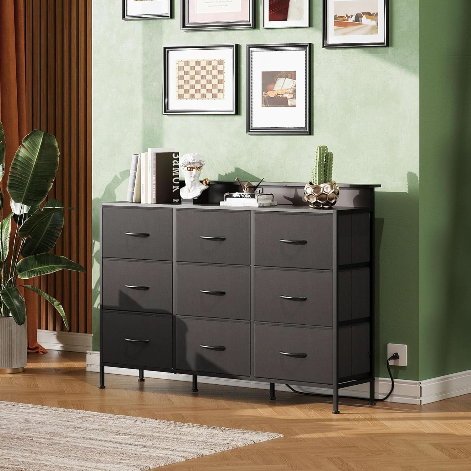 Black Dresser TV Stand 55 Inch With LED Lights And Charging Station
