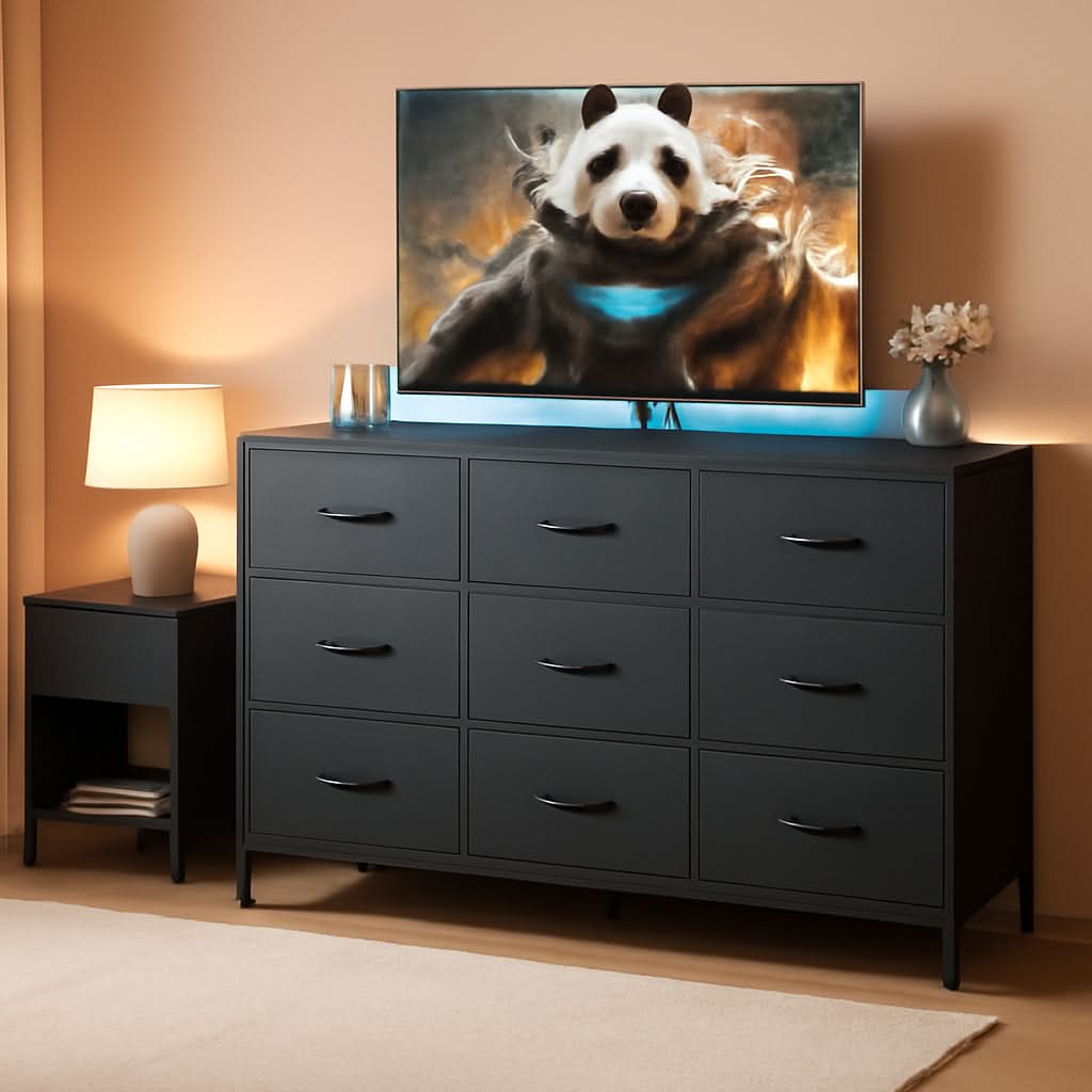 Black Dresser TV Stand 55 Inch With LED Lights And Charging Station