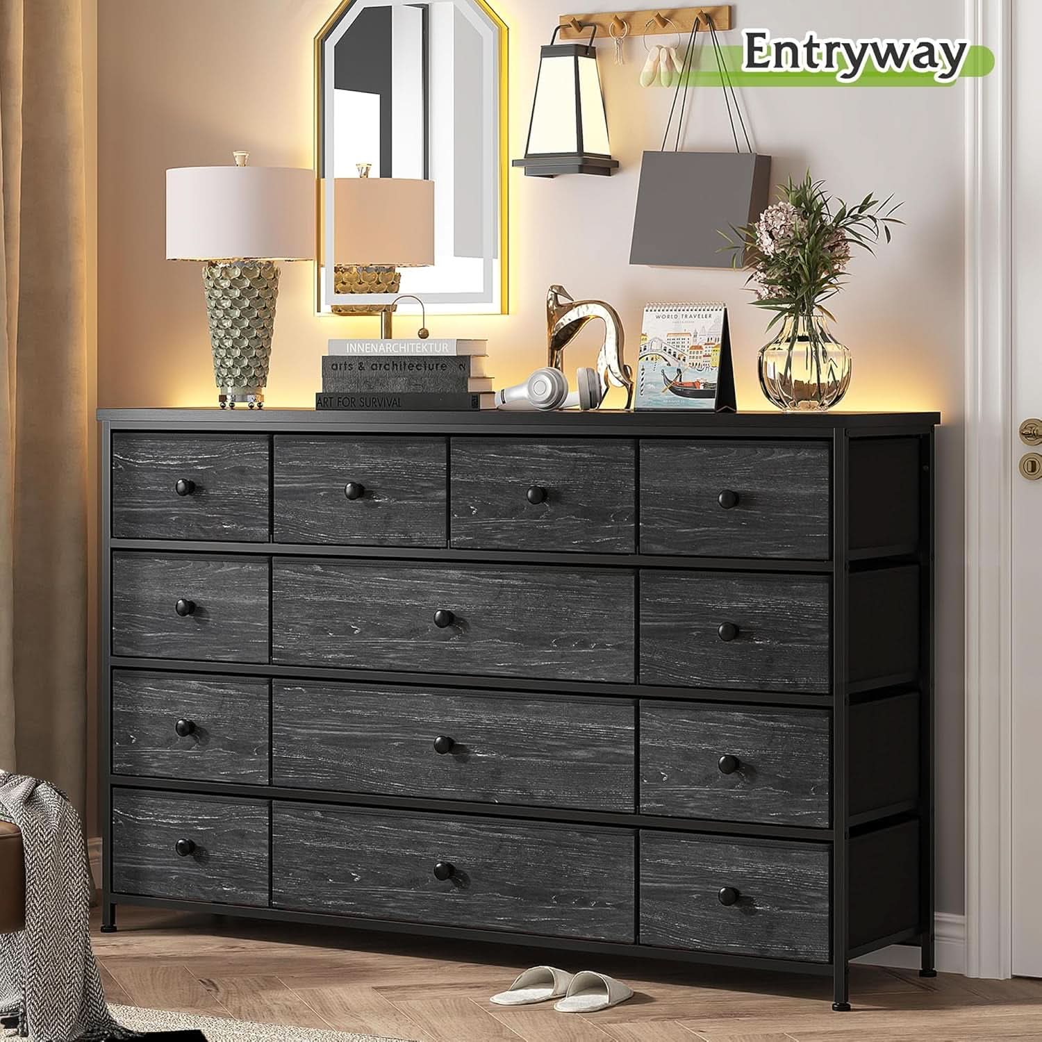 Black Dresser With 13 Drawers And TV Stand For 55 Inch TV