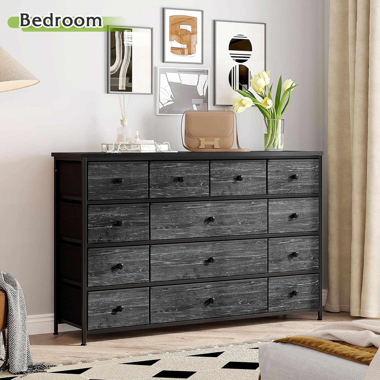 Black Dresser With 13 Drawers And TV Stand For 55 Inch TV