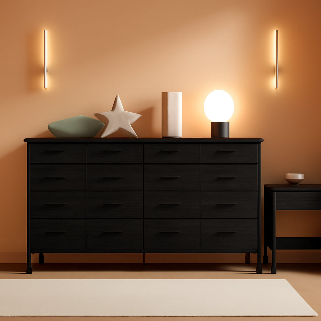 Black Dresser With 16 Drawers For Bedroom Storage Unit