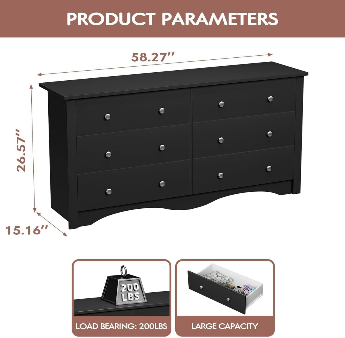 Black Dresser With 6 Drawers And TV Stand Storage Chest