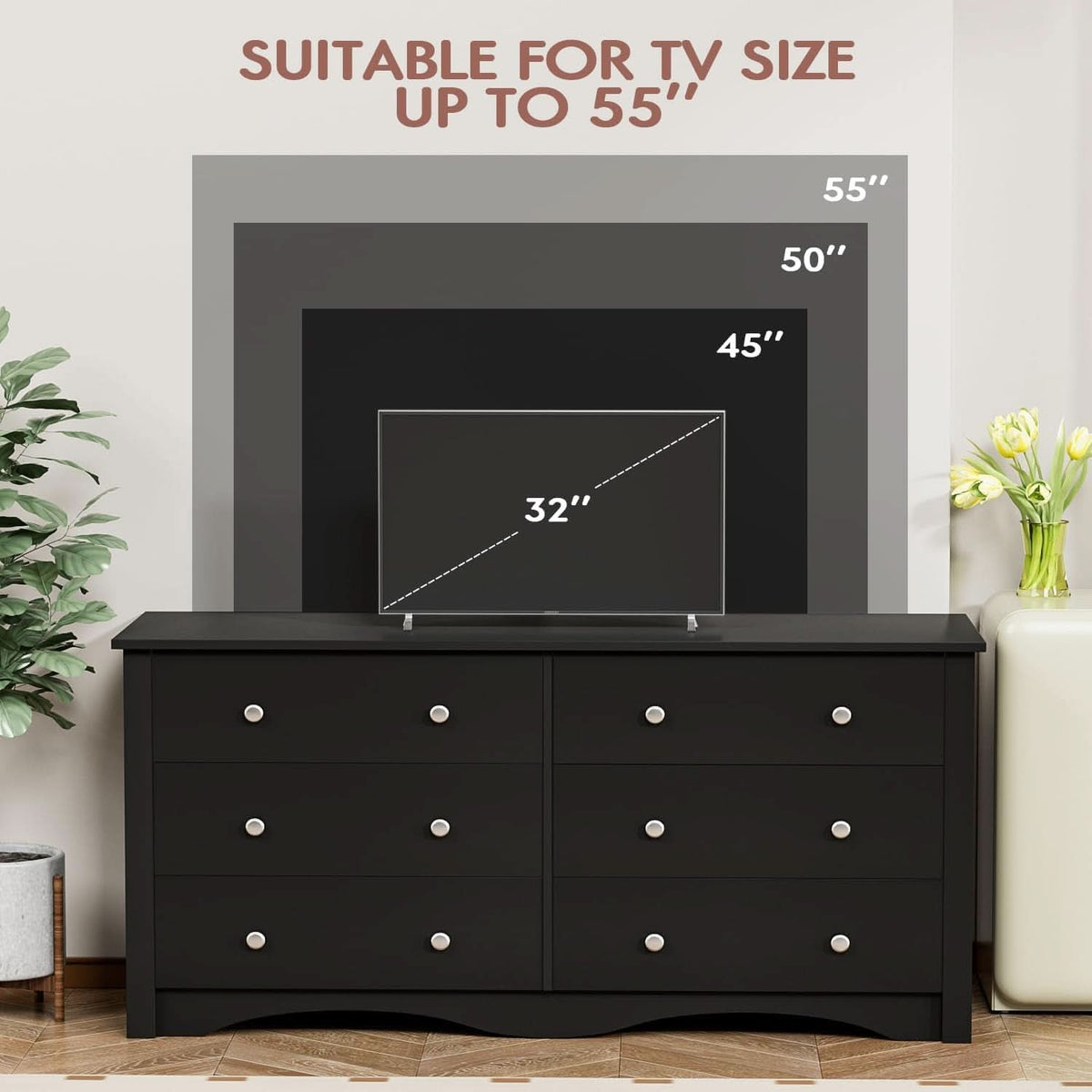 Black Dresser With 6 Drawers And TV Stand Storage Chest