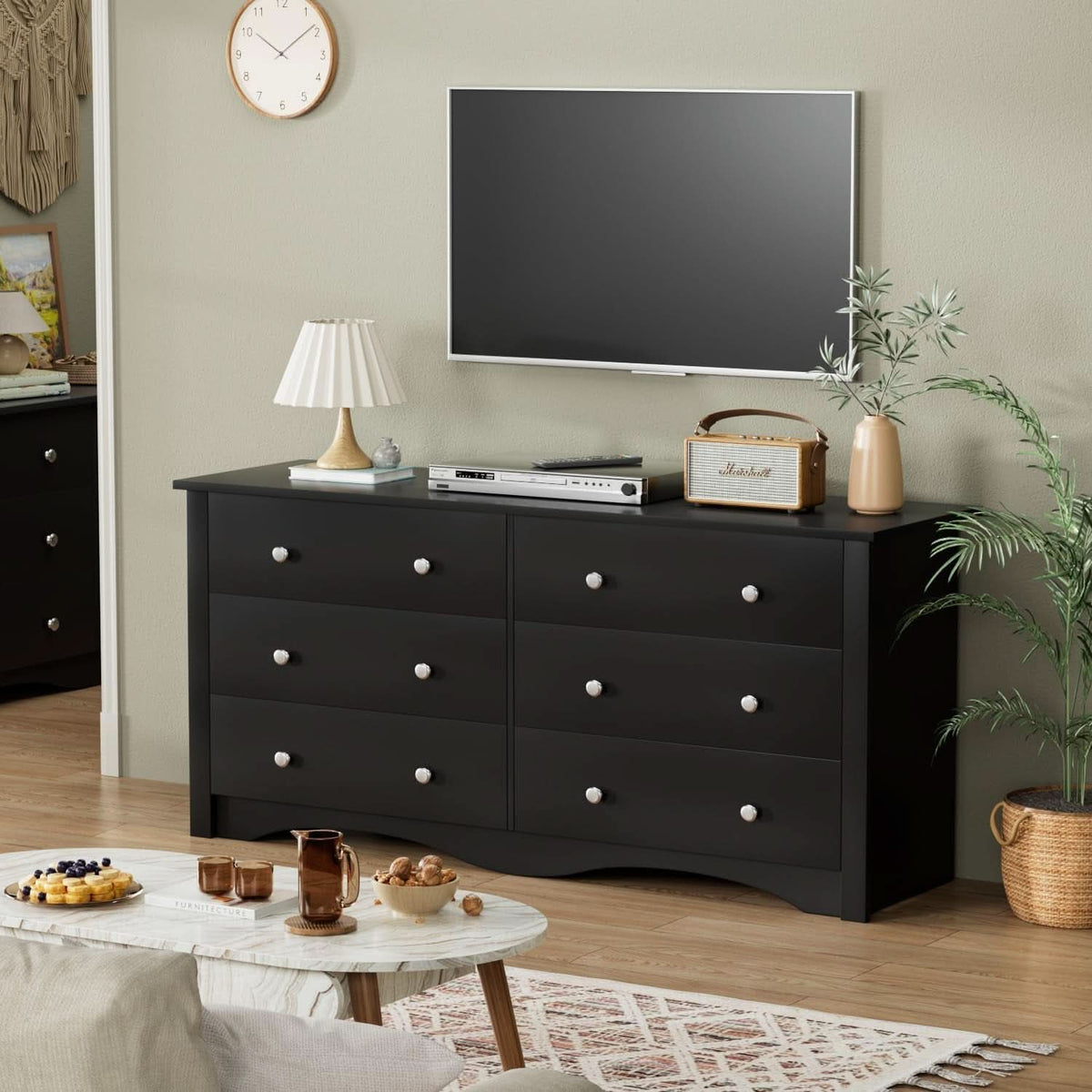 Black Dresser With 6 Drawers And TV Stand Storage Chest