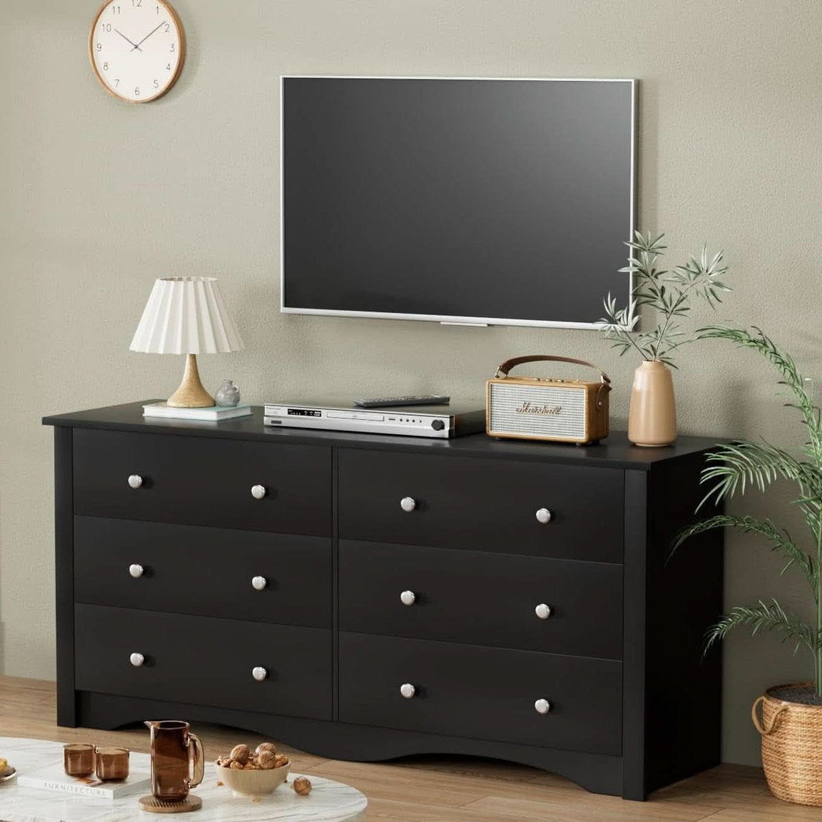 Black Dresser With 6 Drawers And TV Stand Storage Chest